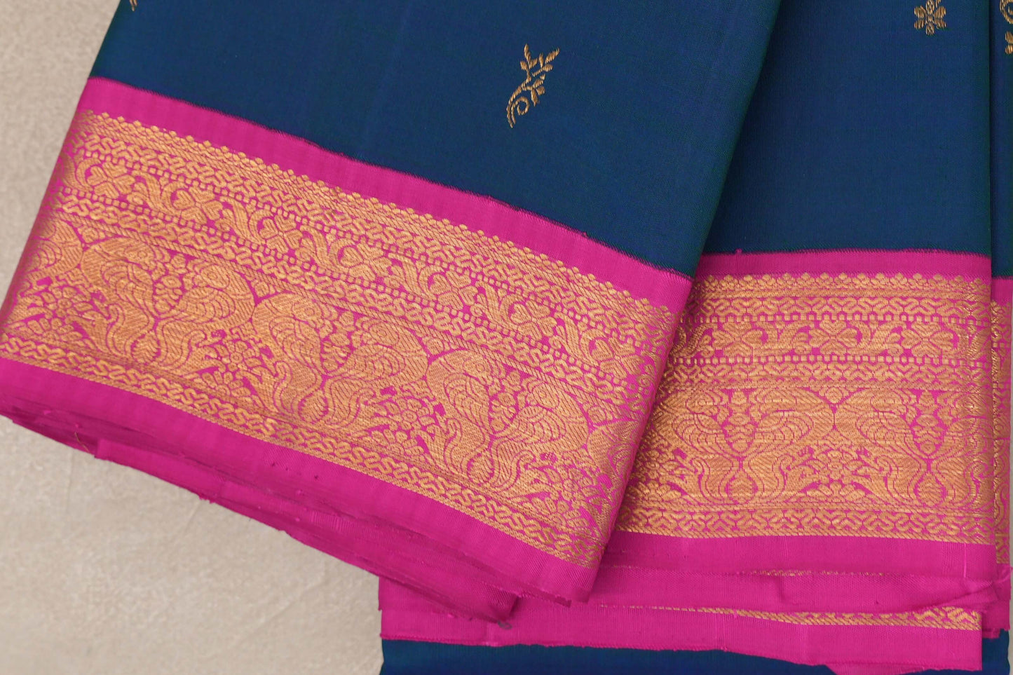 Peacock blue with bright magenta Vintage Kanjivaram Silk Saree by Shreenivas Silks border