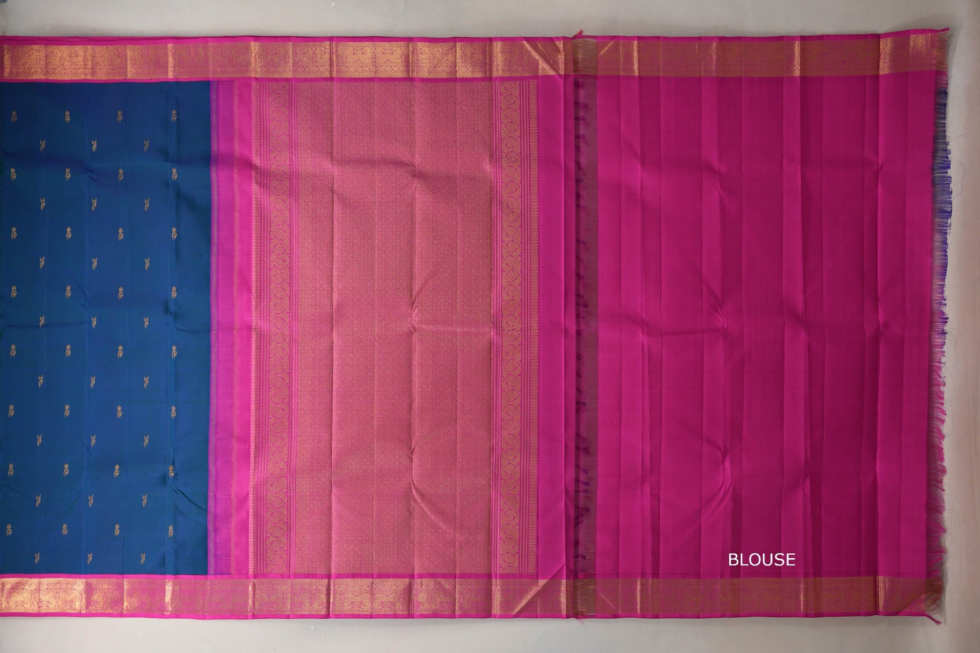 Peacock blue with bright magenta Vintage Kanjivaram Silk Saree by Shreenivas Silks blouse