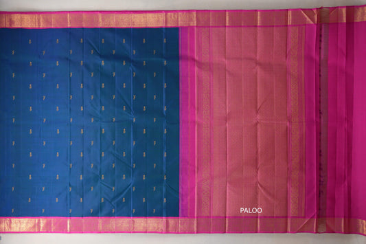 Peacock blue with bright magenta Vintage Kanjivaram Silk Saree by Shreenivas Silks paloo