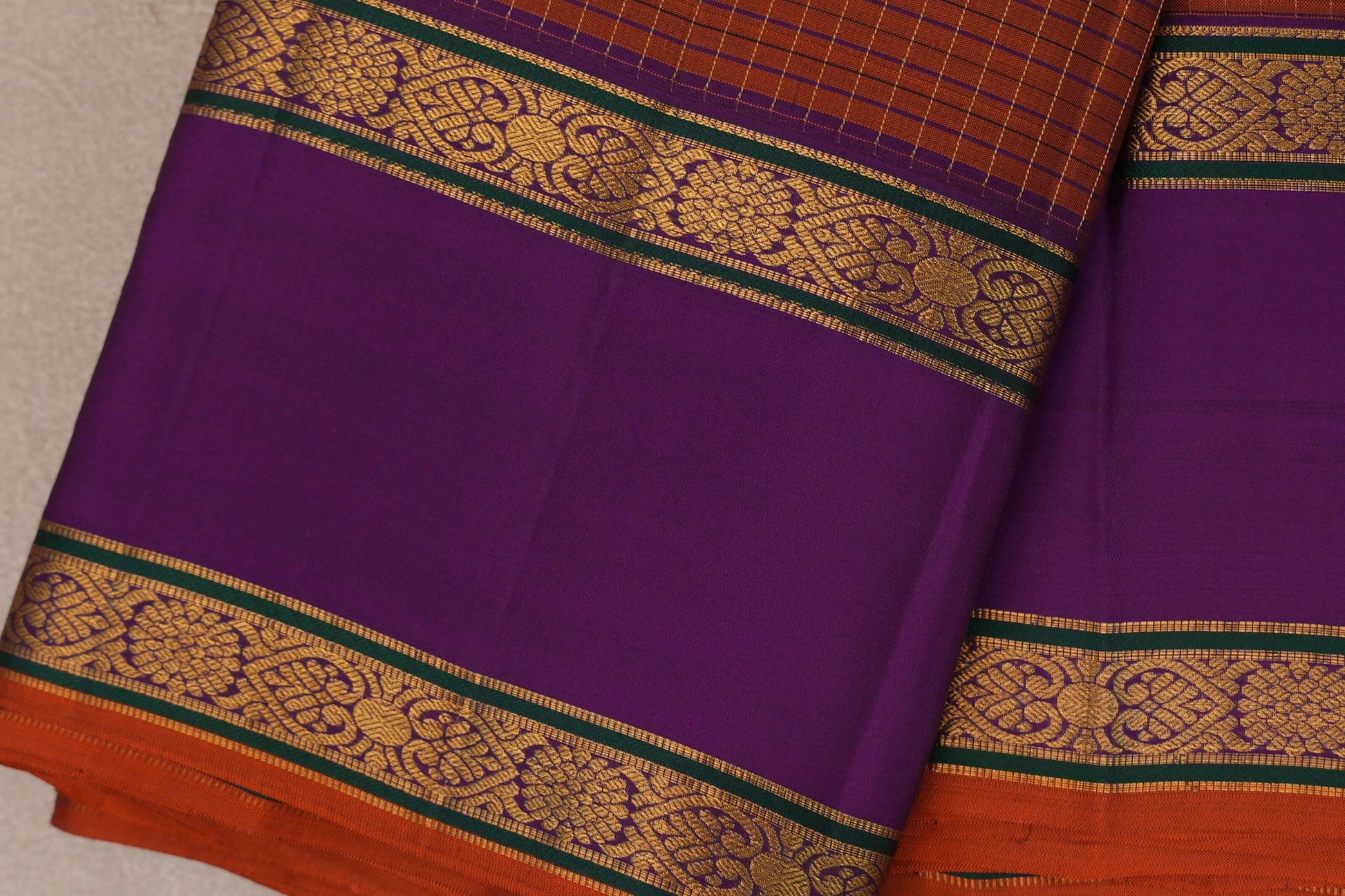 Rust Orange with purple Vintage Kanjivaram Silk Saree by Shreenivas Silks border