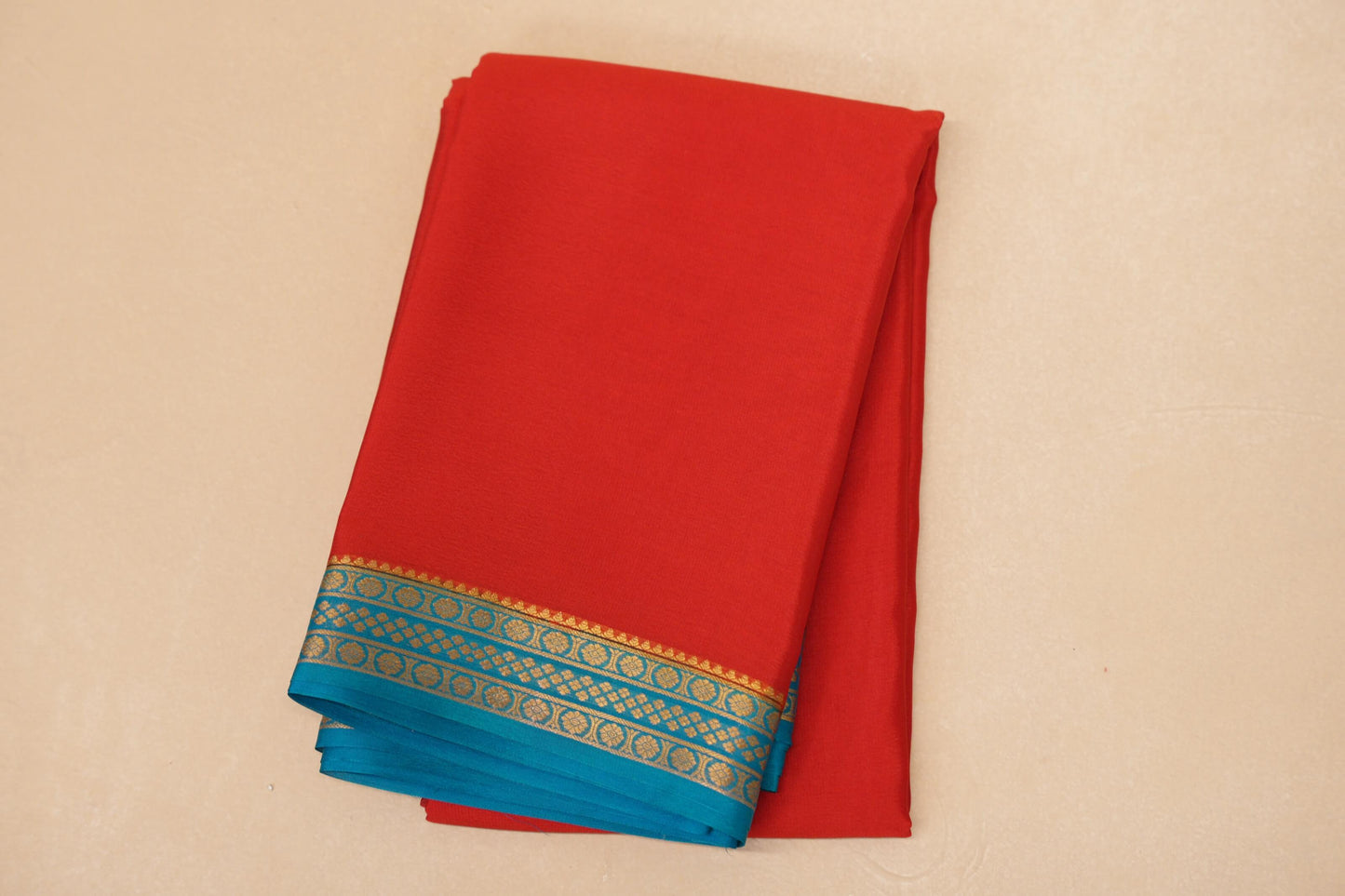folded Red with Rama Blue Borders Mysore Silk Saree