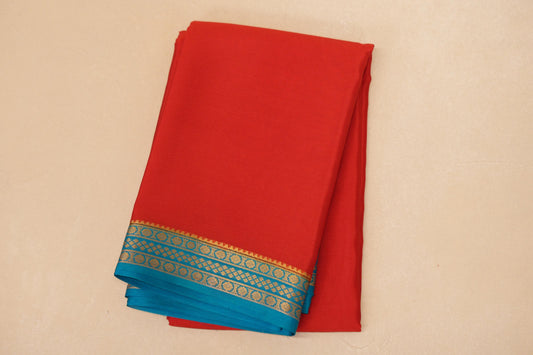 folded Red with Rama Blue Borders Mysore Silk Saree