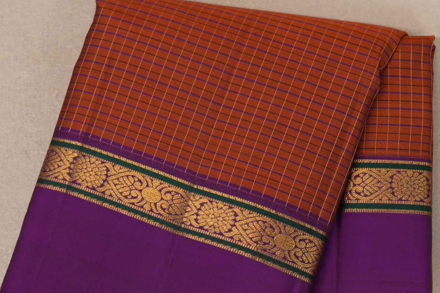 Rust Orange with purple Vintage Kanjivaram Silk Saree by Shreenivas Silks body