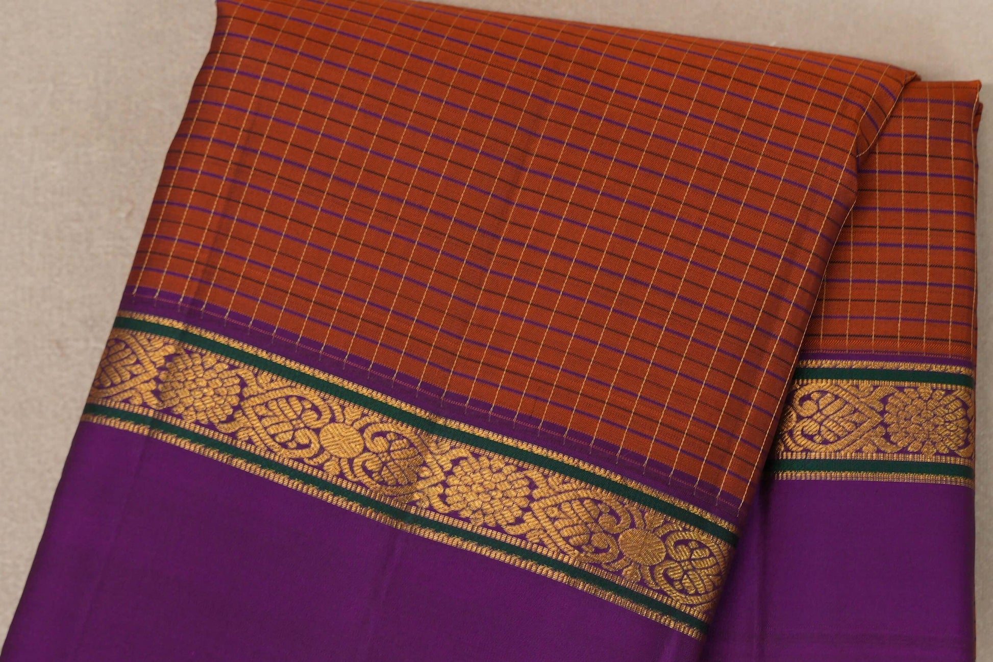 Rust Orange with purple Vintage Kanjivaram Silk Saree by Shreenivas Silks body