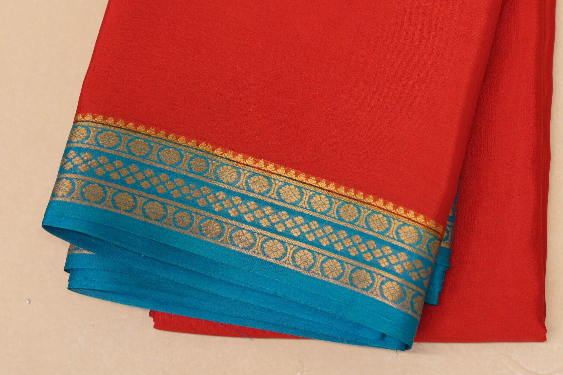 Red with Rama Blue Borders Mysore Silk Saree border zoom