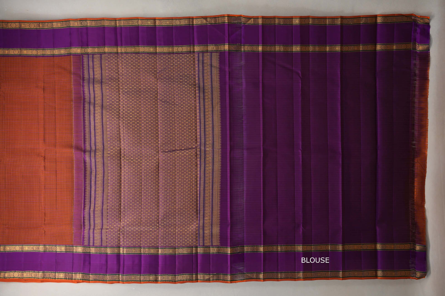 Rust Orange with purple Vintage Kanjivaram Silk Saree by Shreenivas Silks blouse
