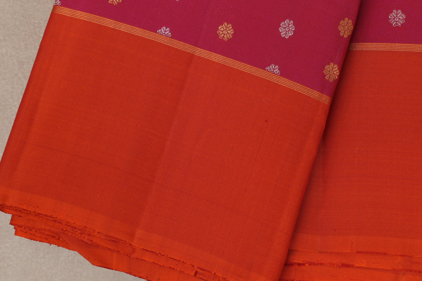 Rani pink with Bright Orange Vintage Kanjivaram Silk Saree by Shreenivas Silks border