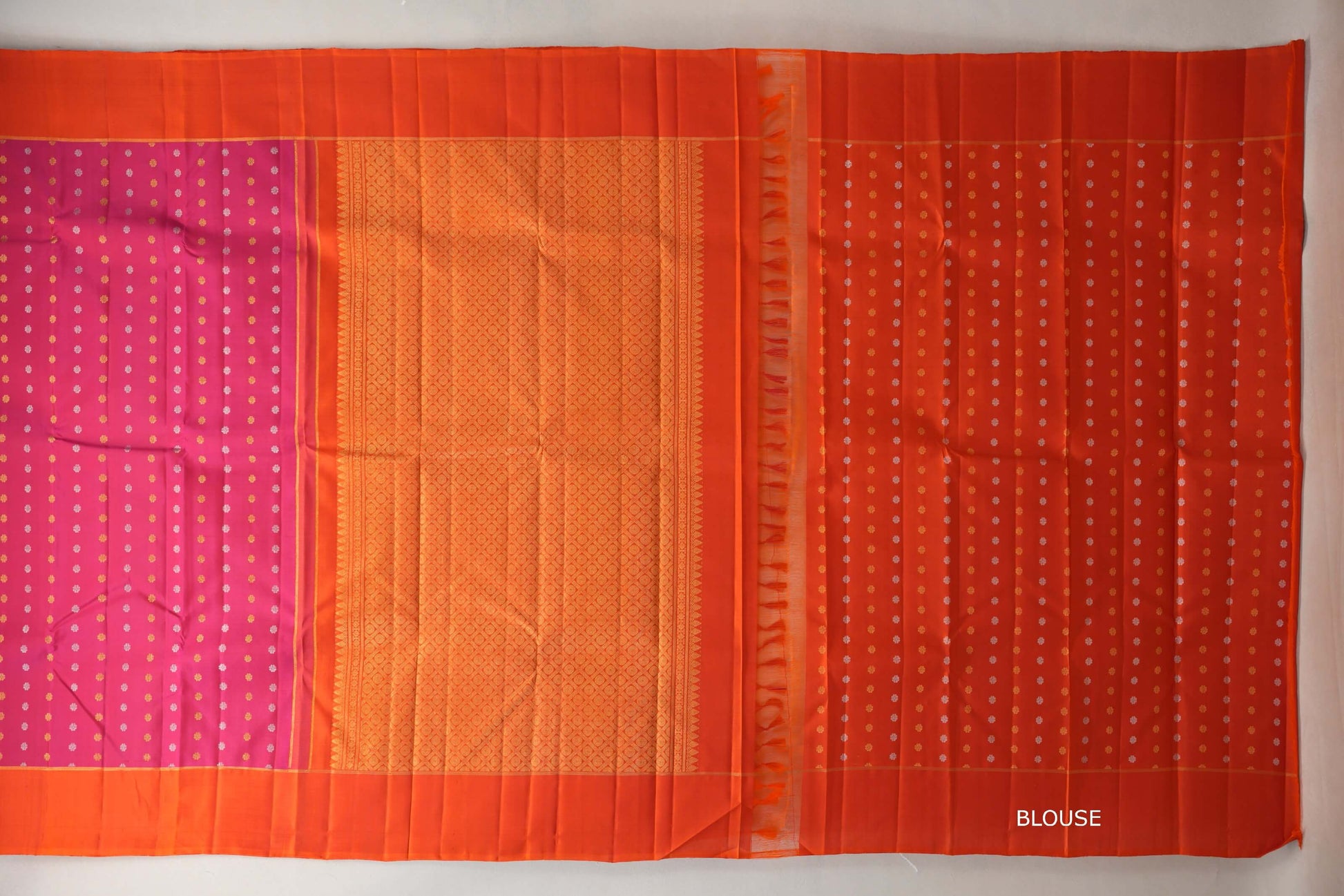 Rani pink with Bright Orange Vintage Kanjivaram Silk Saree by Shreenivas Silks blouse