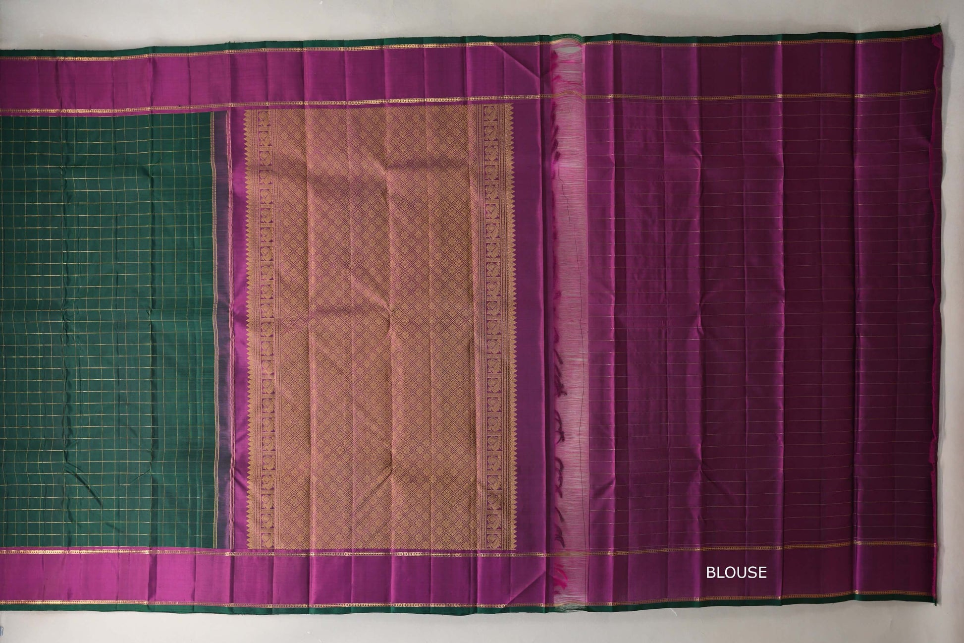 Deep Bottle Green with Deep magenta Vintage Kanjivaram Silk Saree by Shreenivas Silks blouse