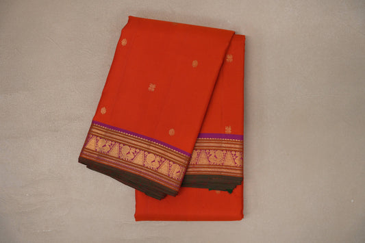 Bright orange with Dual Tone of Purple and Orange border Vintage Kanjivaram Silk Saree