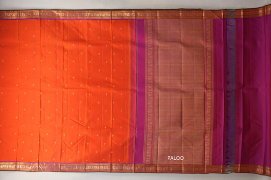 Bright orange with Dual Tone of Purple and Orange border Vintage Kanjivaram Silk Saree paloo