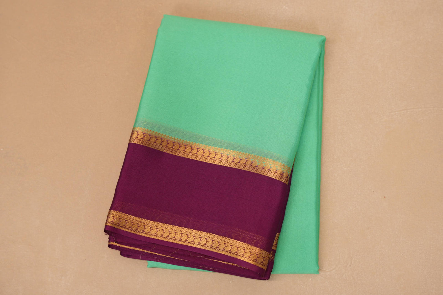 folded Sea Green with Purple Borders Mysore Silk Saree 