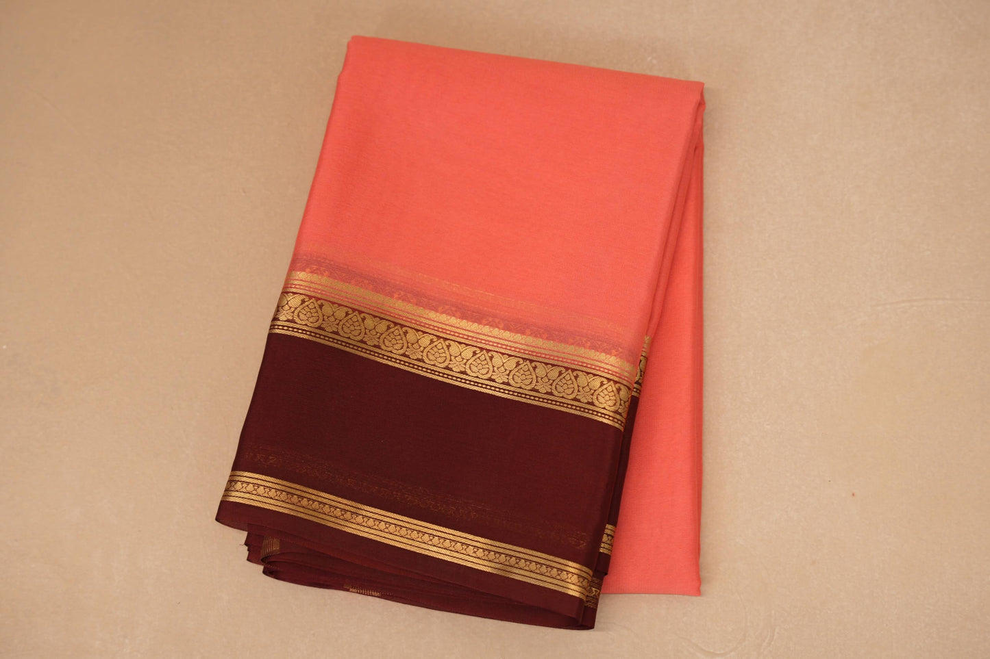 Peach Pink with Deep Maroon Borders Mysore Silk Saree