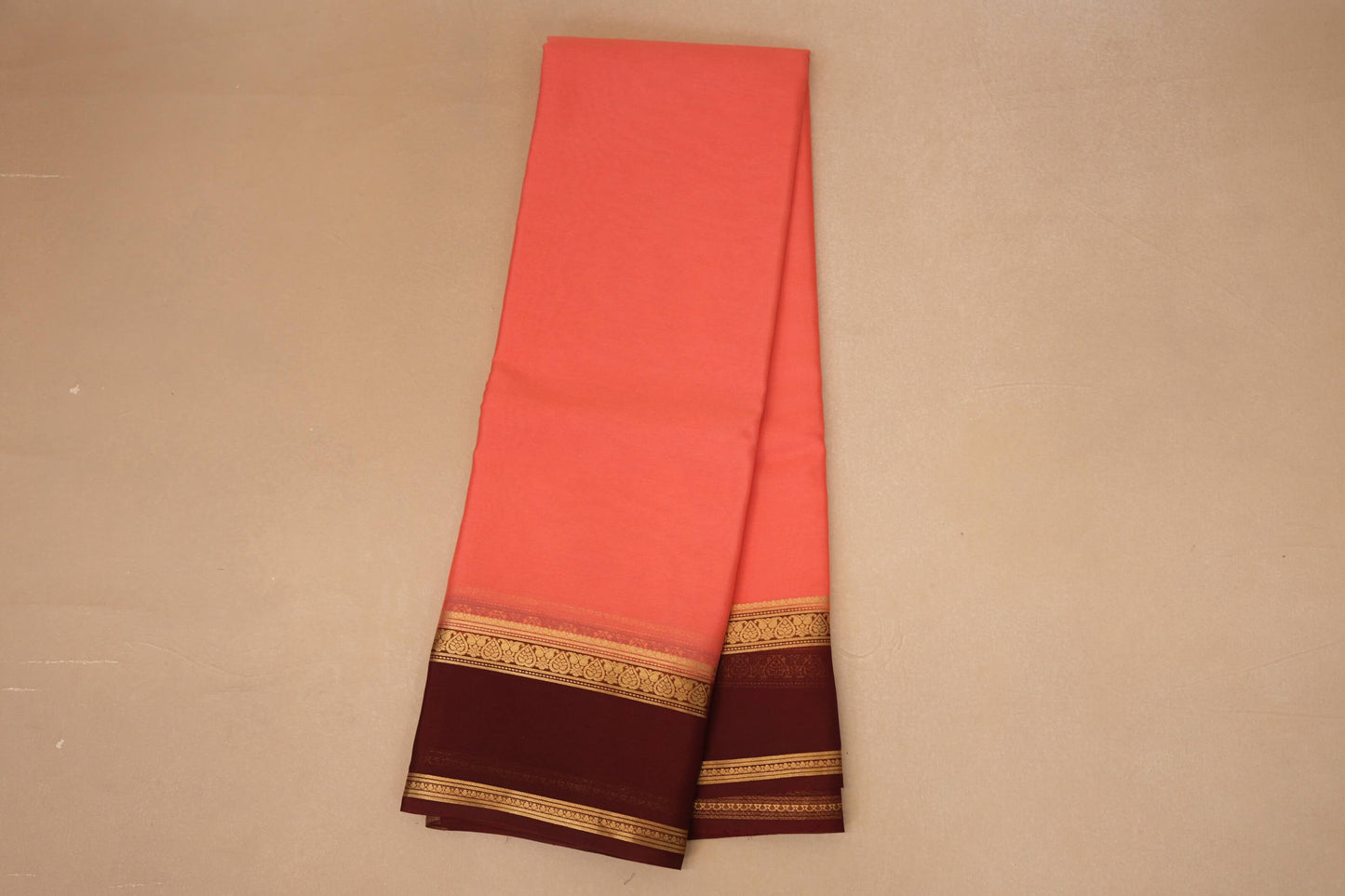 Peach Pink with Deep Maroon Borders Mysore Silk Saree online