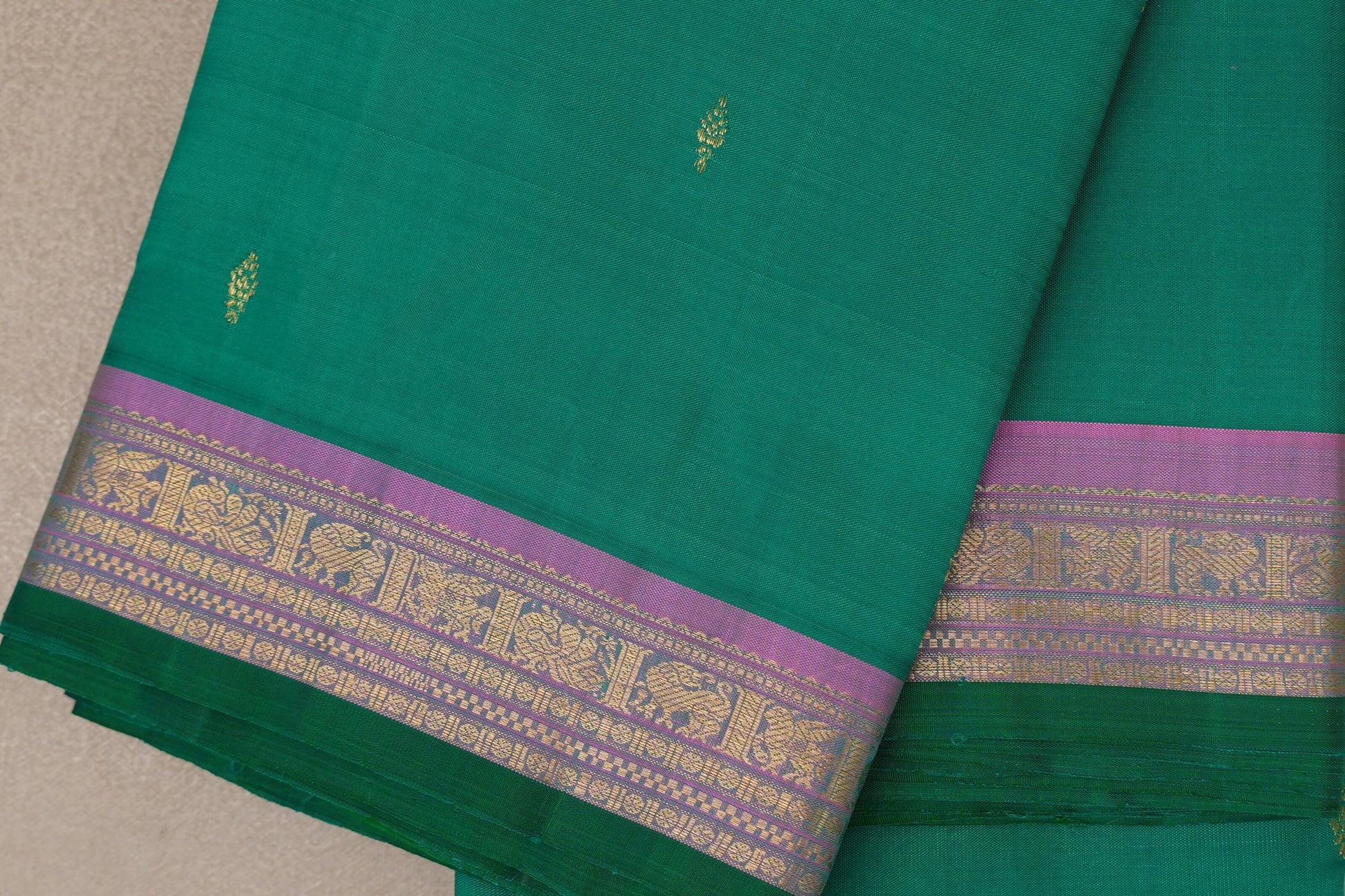 Emerald Green with lavender pink Vintage Kanjivaram Silk Saree by Shreenivas Silks border