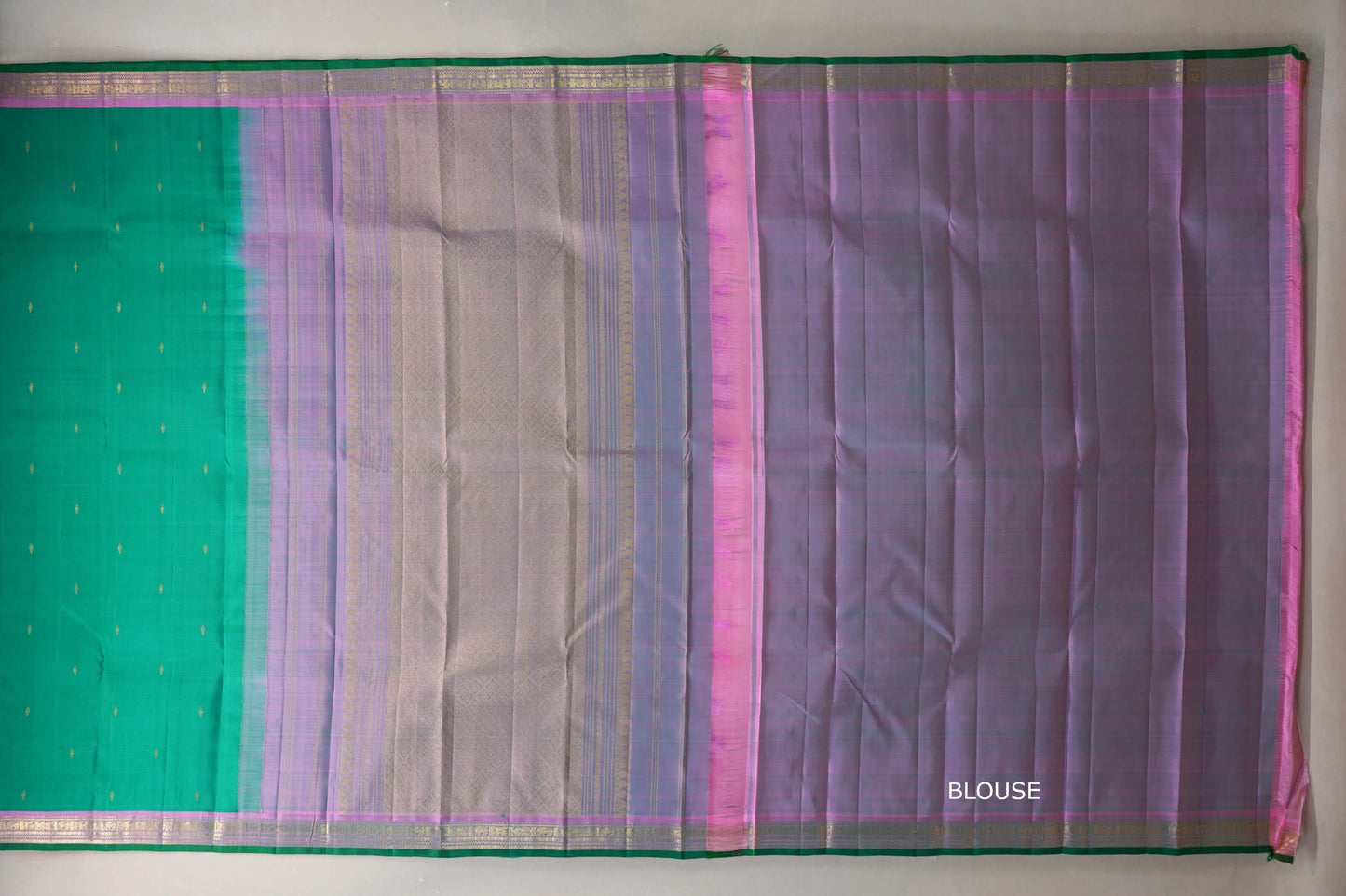 Emerald Green with lavender pink Vintage Kanjivaram Silk Saree by Shreenivas Silks blouse