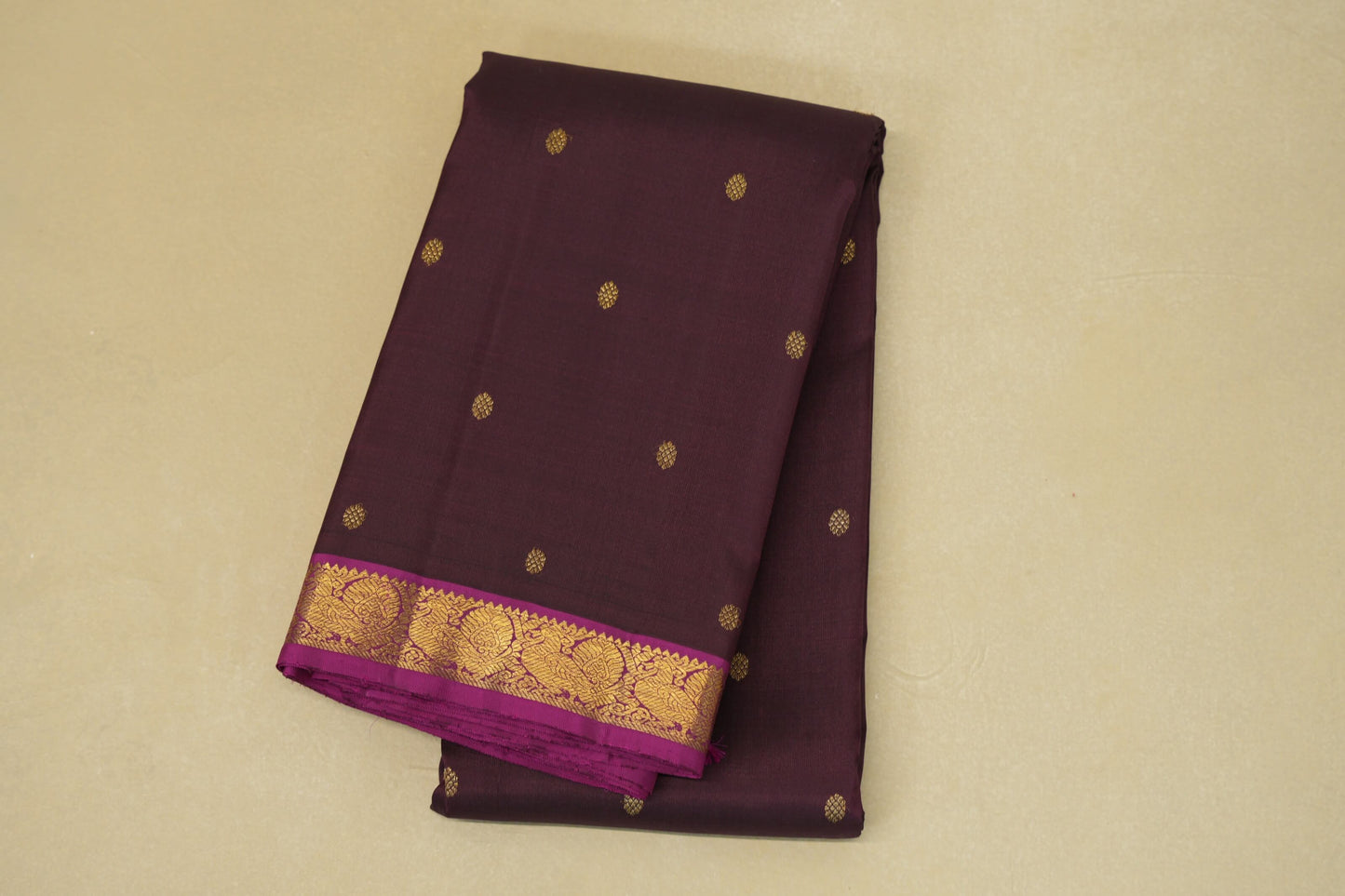 folded Deep Wine with Magenta Borders Heirloom Kanjivaram silk saree