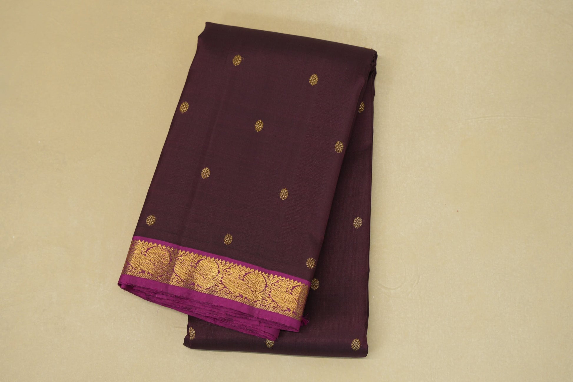 folded Deep Wine with Magenta Borders Heirloom Kanjivaram silk saree