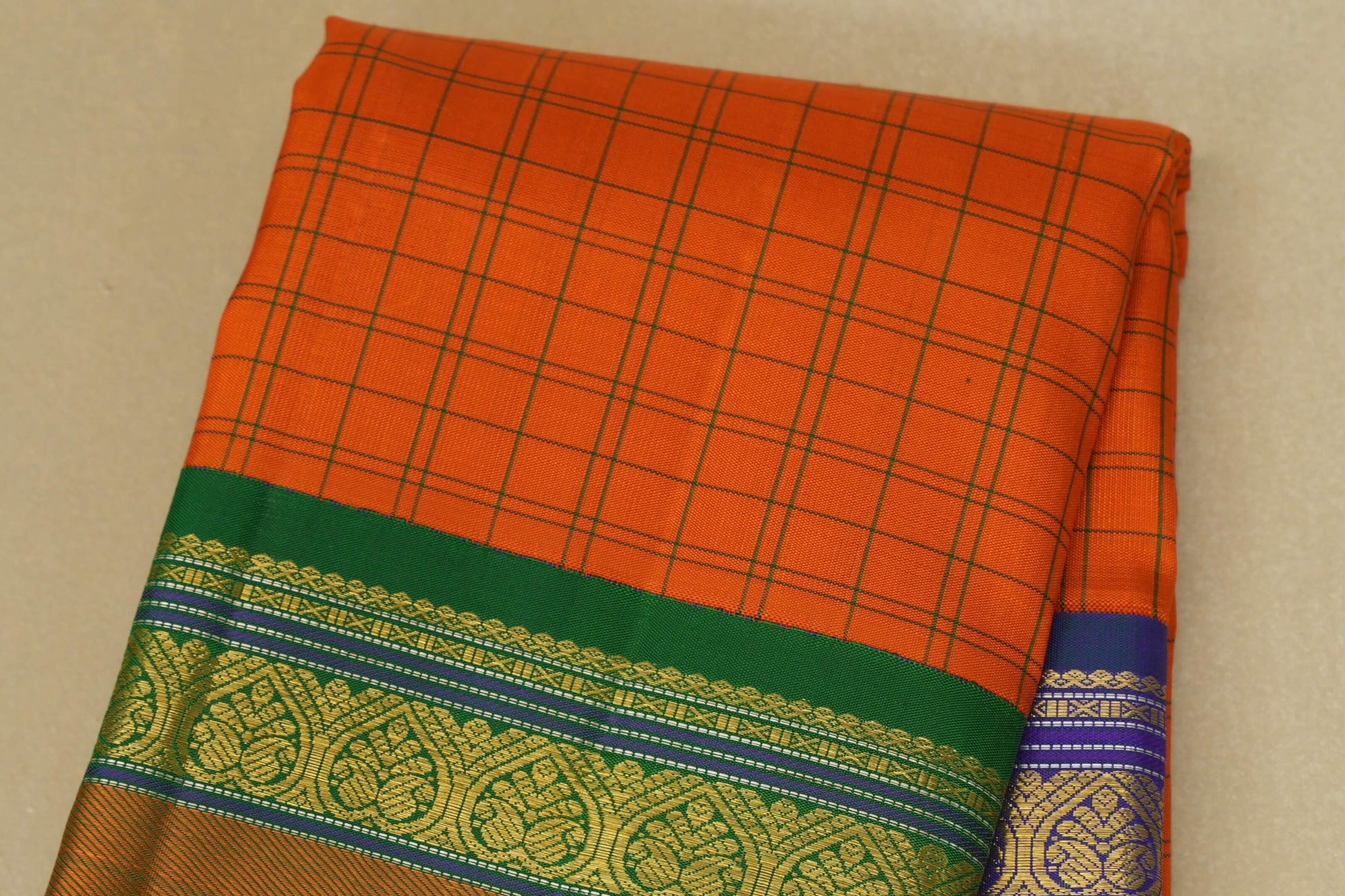 Bright Orange Heirloom Kanjivaram Silk Saree body zoom