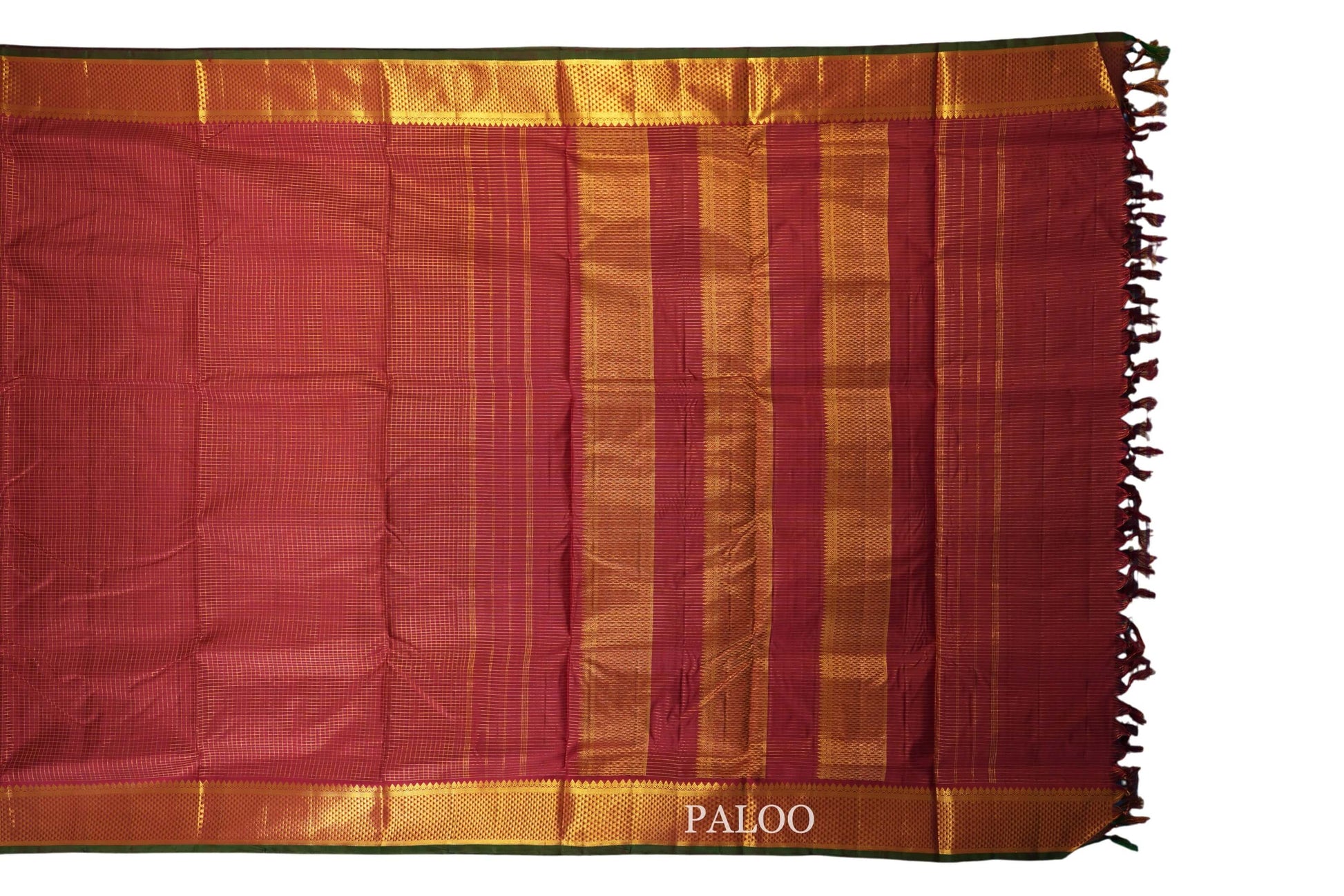 Maroon zari checks ten yards silk saree paloo