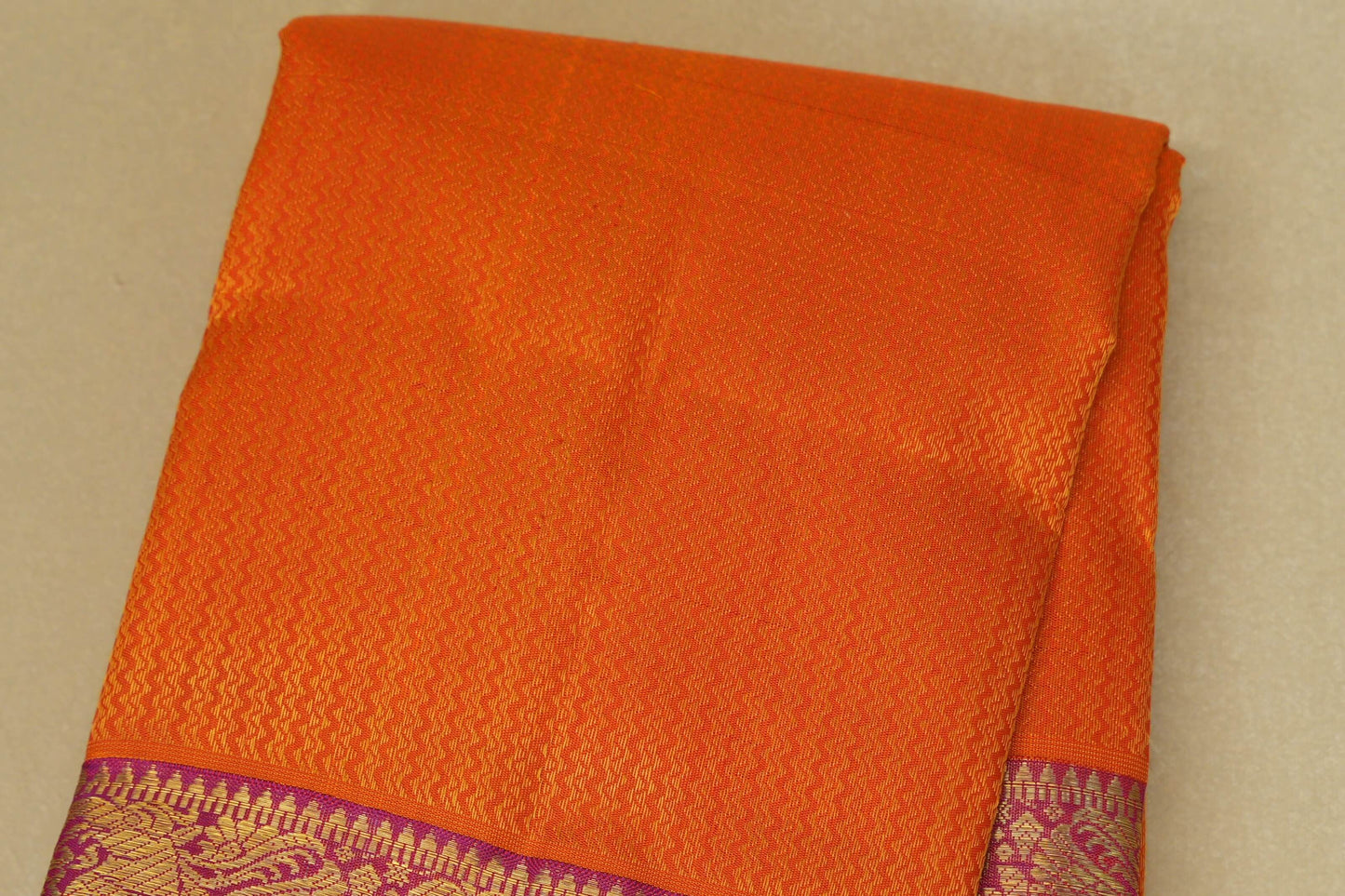 Bright Orange with Rani Pink Borders Heirloom Kanjivaram Silk Saree body zoom