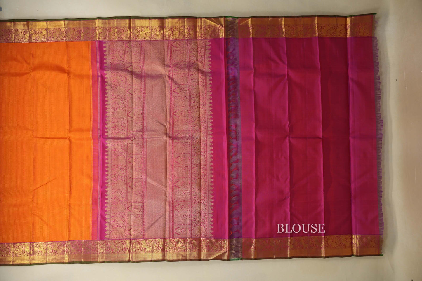 Bright Orange with Rani Pink Borders Heirloom Kanjivaram Silk Saree blouse