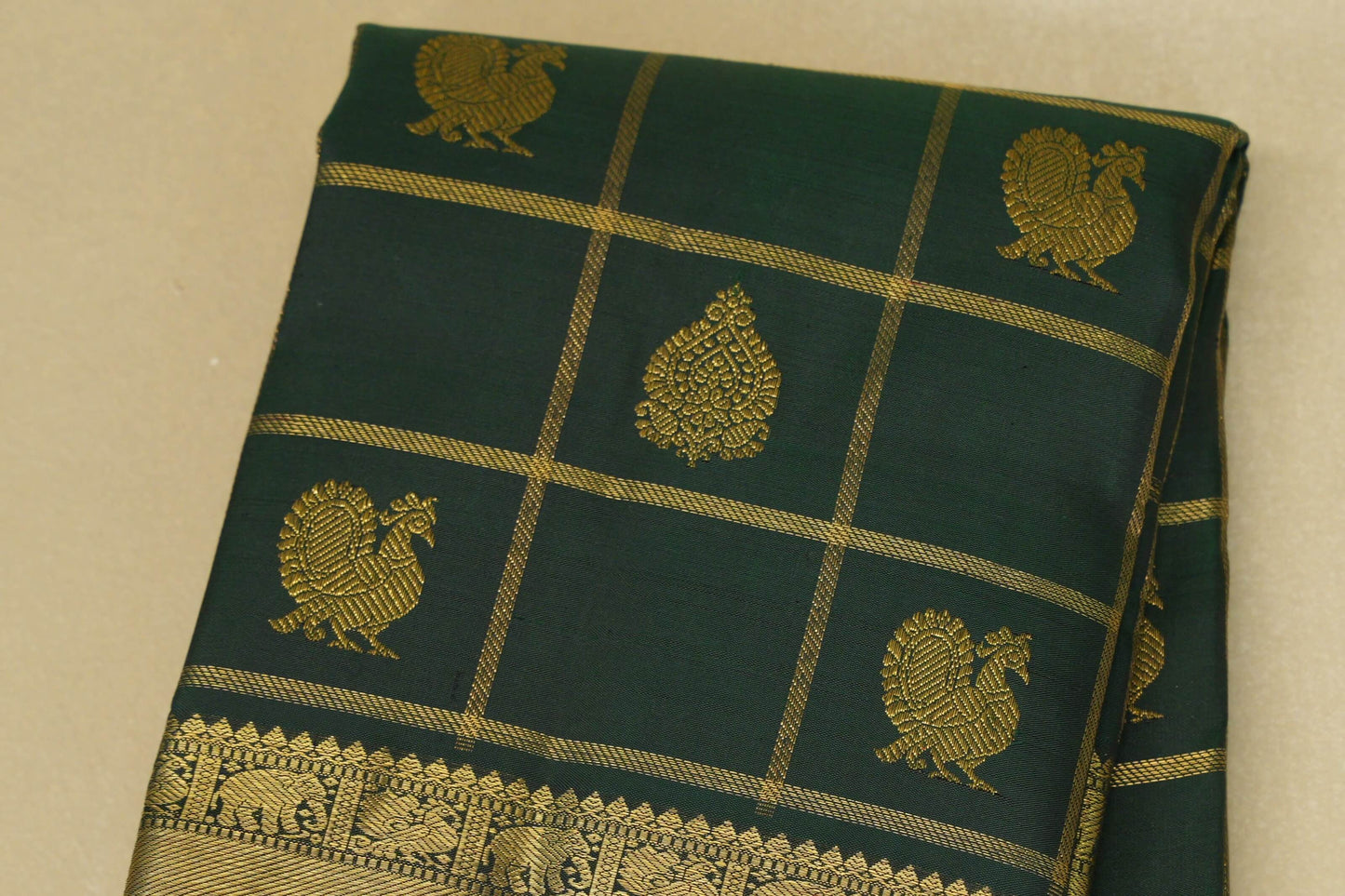 Deep Bottle Green with Orange Selvedge Borders Heirloom Kanjivaram Silk Saree by Shreenivas Silks PSSR018636