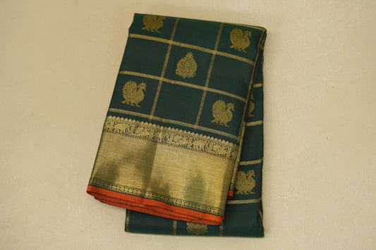 Deep Bottle Green with Orange Selvedge Borders Heirloom Kanjivaram Silk Saree by Shreenivas Silks PSSR018636