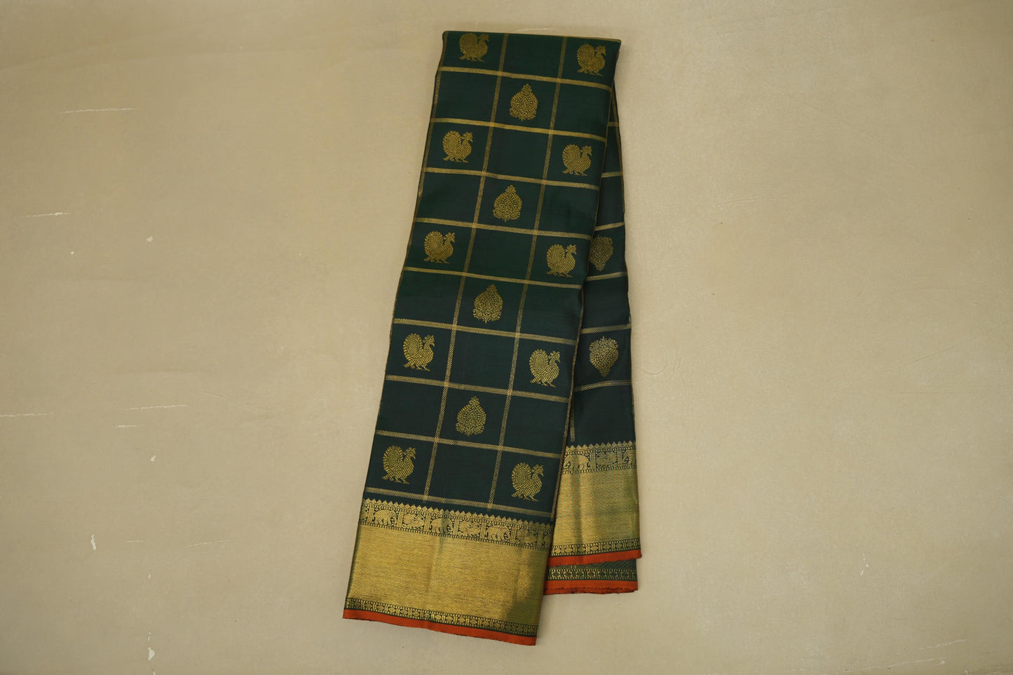 Deep Bottle Green with Orange Selvedge Borders Heirloom Kanjivaram Silk Saree by Shreenivas Silks PSSR018636