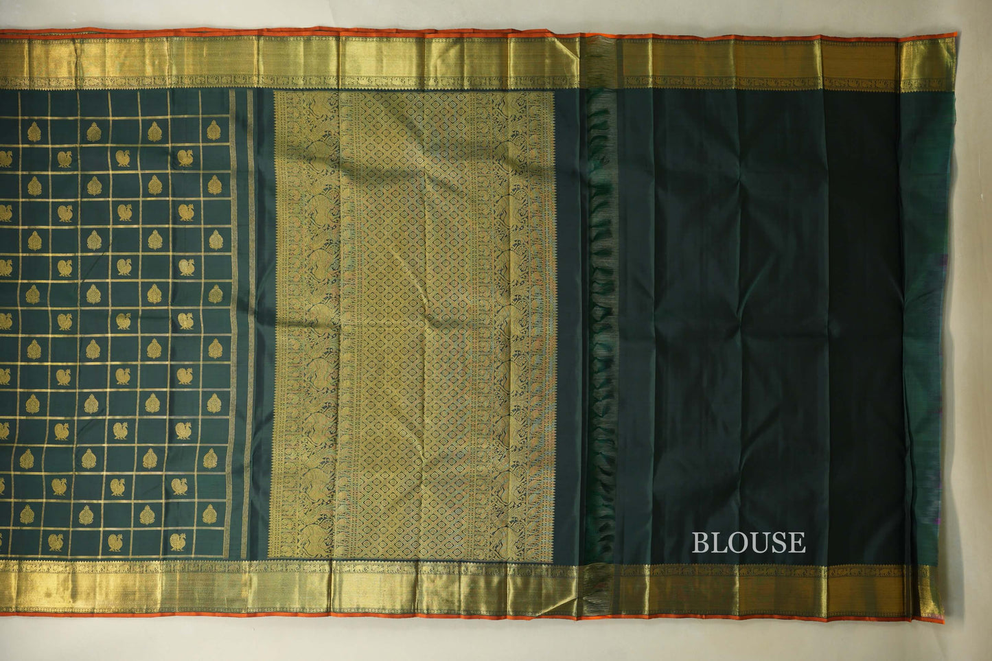 Deep Bottle Green with Orange Selvedge Borders Heirloom Kanjivaram Silk Saree by Shreenivas Silks PSSR018636