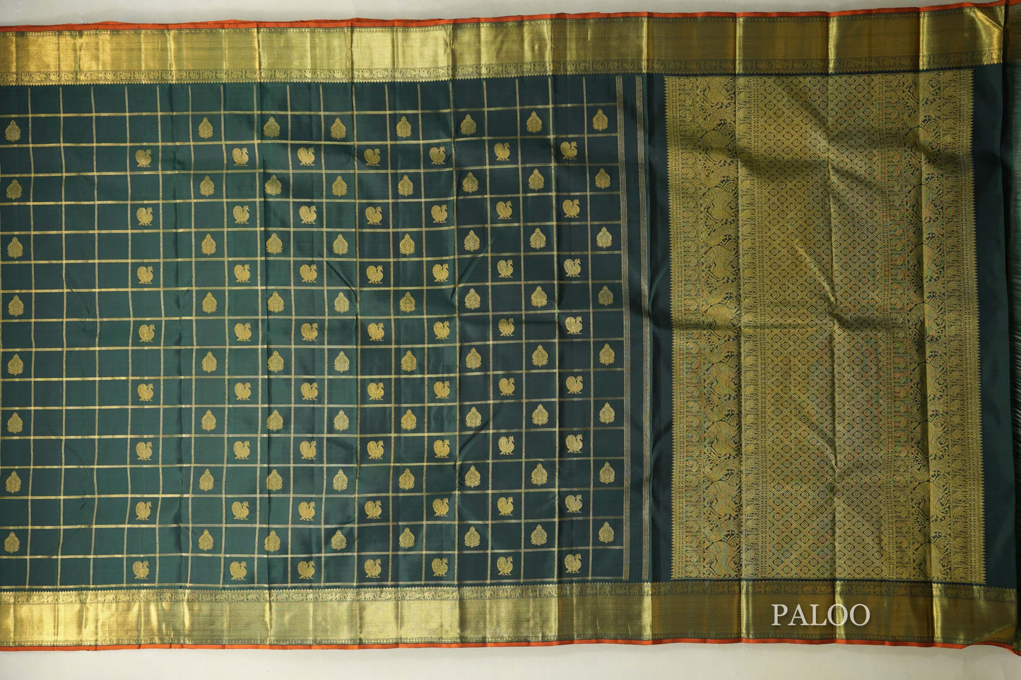 Deep Bottle Green with Orange Selvedge Borders Heirloom Kanjivaram Silk Saree by Shreenivas Silks PSSR018636
