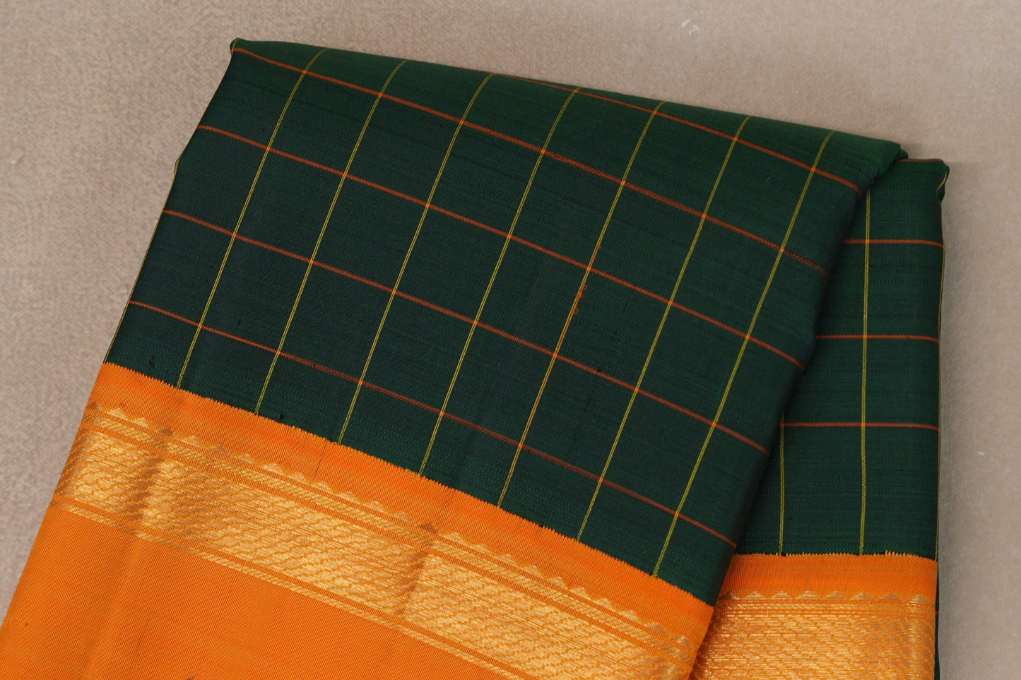 Deep Bottle Green with Mango Orange Borders Vintage Kanjivaram Silk Saree body