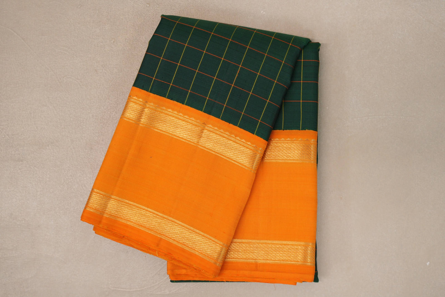 Deep Bottle Green with Mango Orange Borders Vintage Kanjivaram Silk Saree