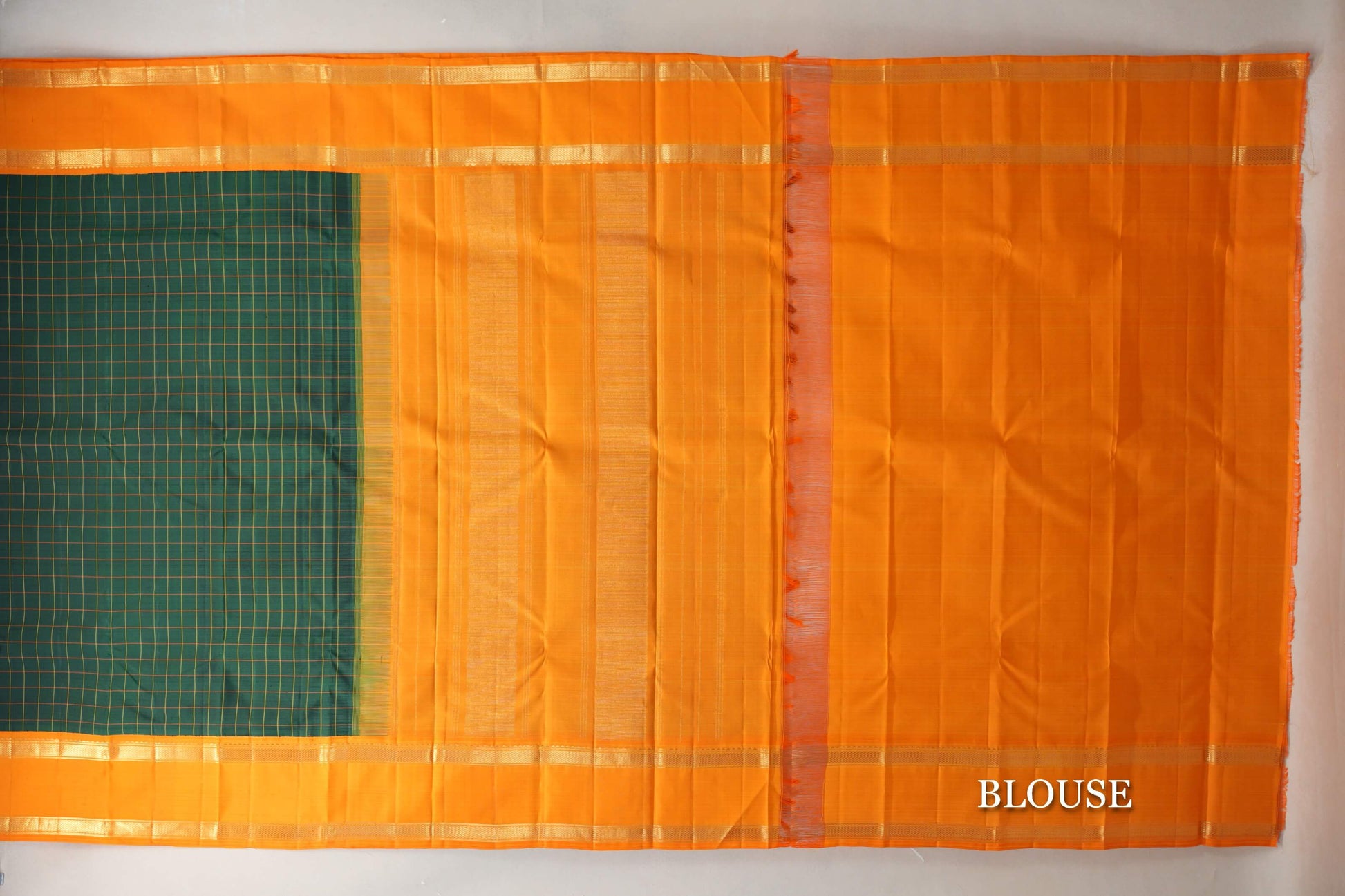Deep Bottle Green with Mango Orange Borders Vintage Kanjivaram Silk Saree blouse