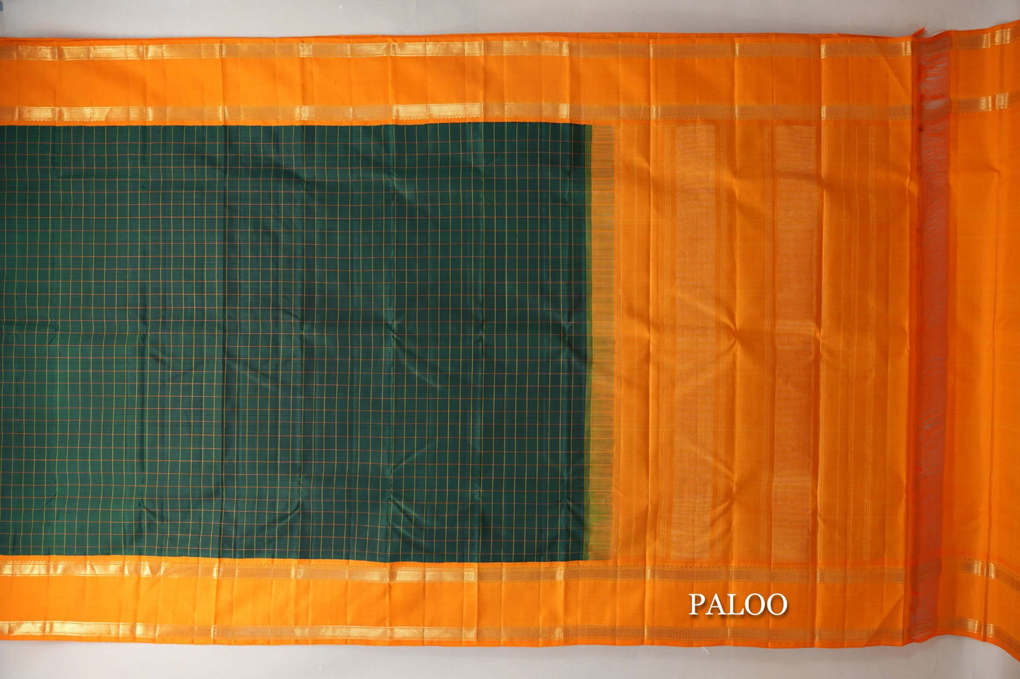 Deep Bottle Green with Mango Orange Borders Vintage Kanjivaram Silk Saree paloo