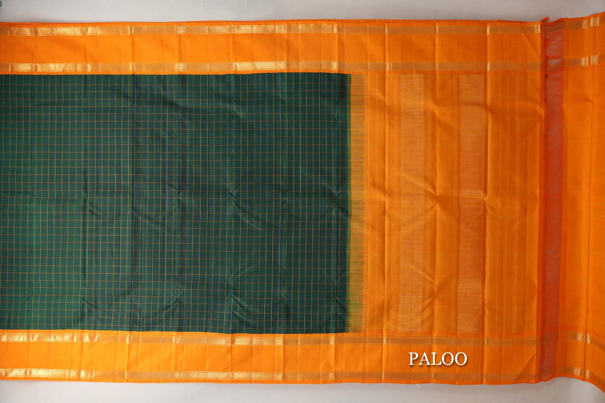 Deep Bottle Green with Mango Orange Borders Vintage Kanjivaram Silk Saree paloo
