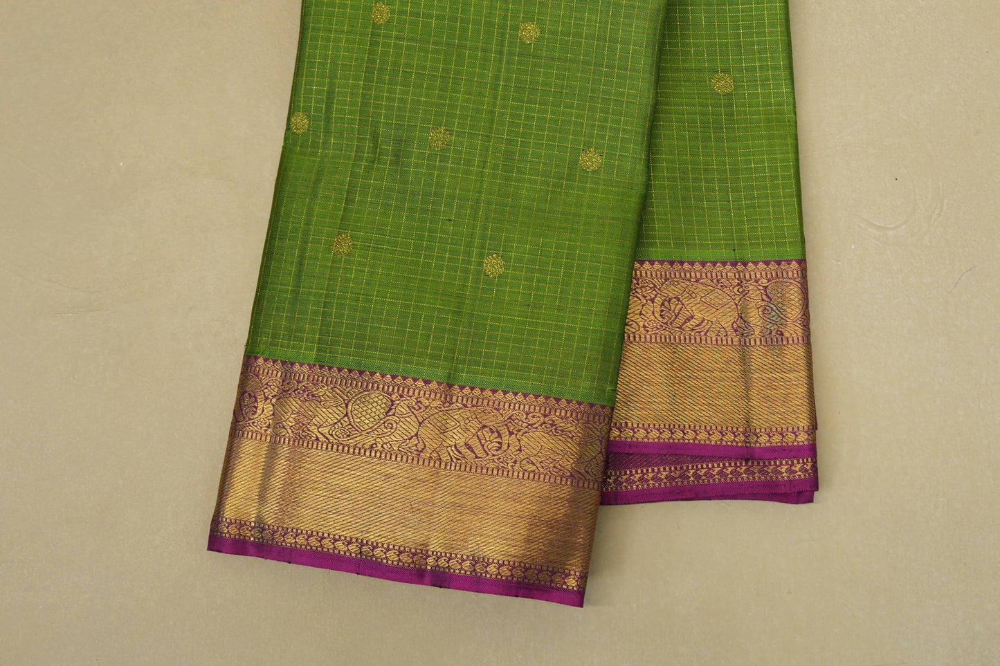 Parrot Green zari checks Heirloom Kanjivaram Silk Saree border zoom