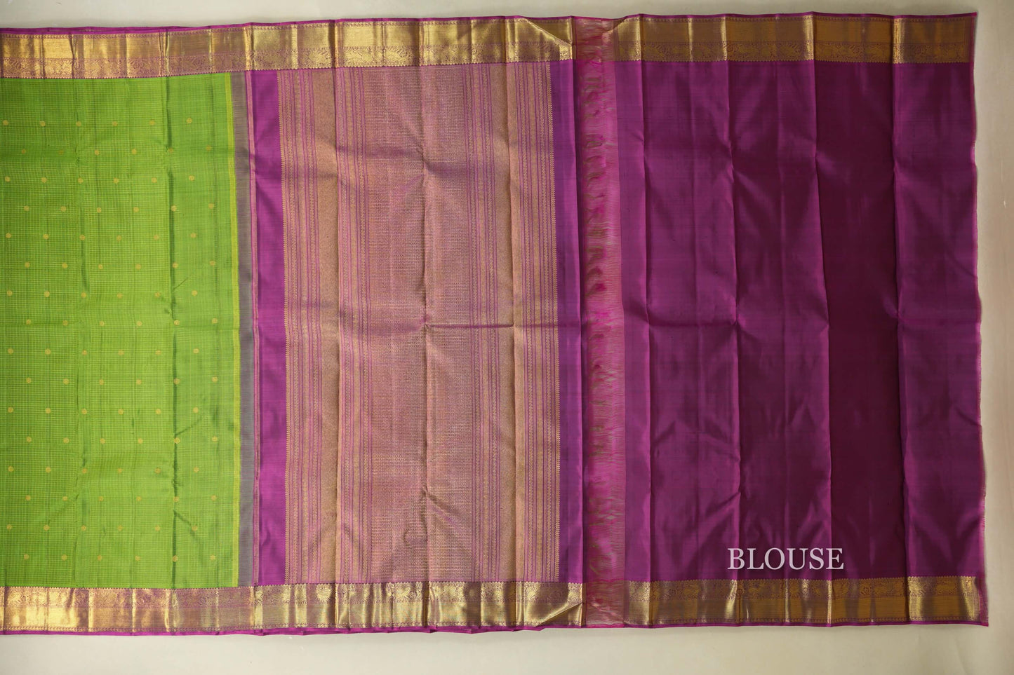 Parrot Green zari checks Heirloom Kanjivaram Silk Saree blouse