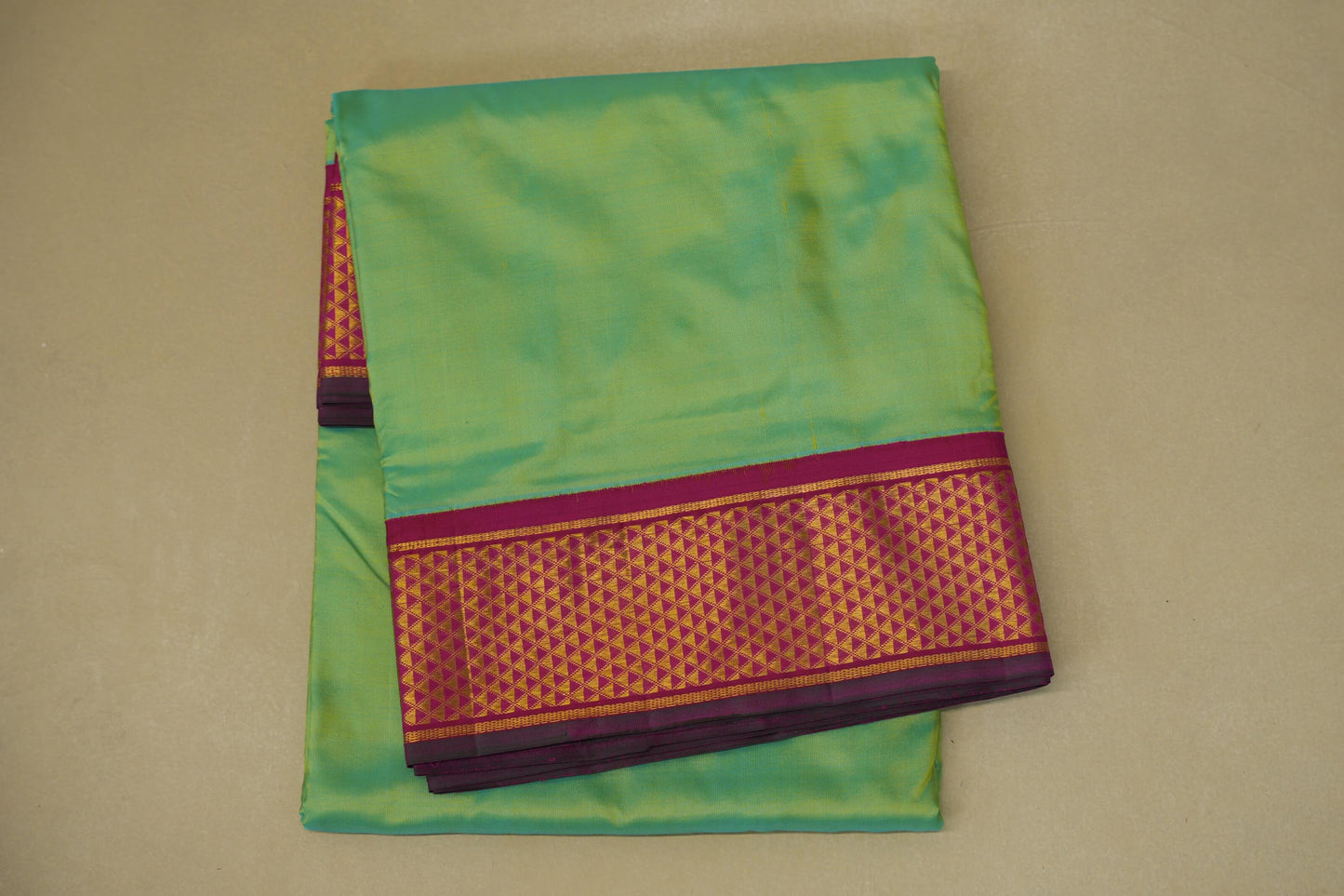 folded Sea Green with Magenta Borders and Green Selvedge Ten yards silk Saree
