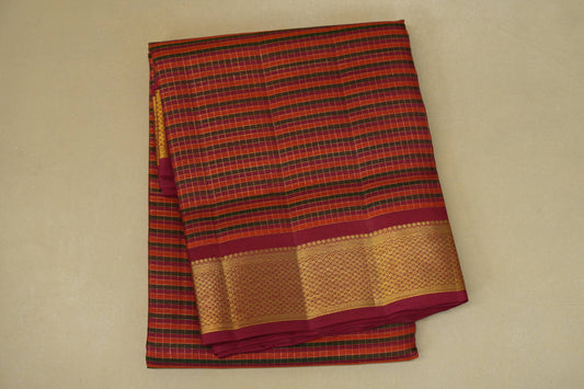 folded Multi Color Checks with Red Borders Ten yards silk saree 