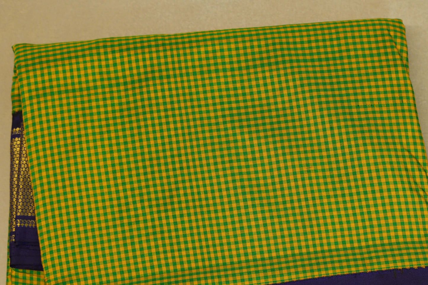 Yellow with Green Checks Ten yards silk saree body zoom