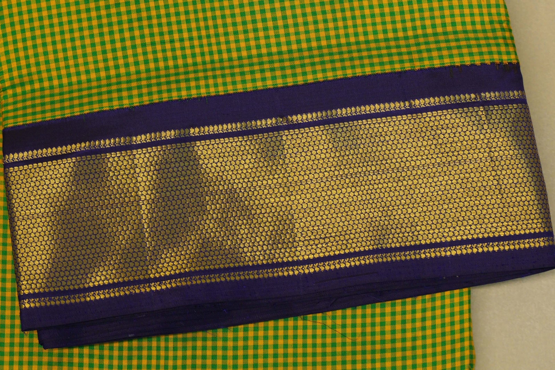 Yellow with Green Checks Ten yards silk saree  border zoom