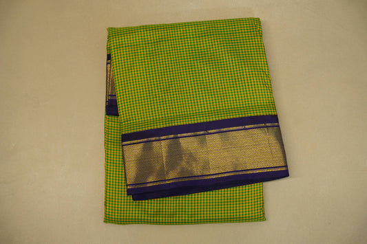 Yellow with Green Checks Ten yards silk saree 