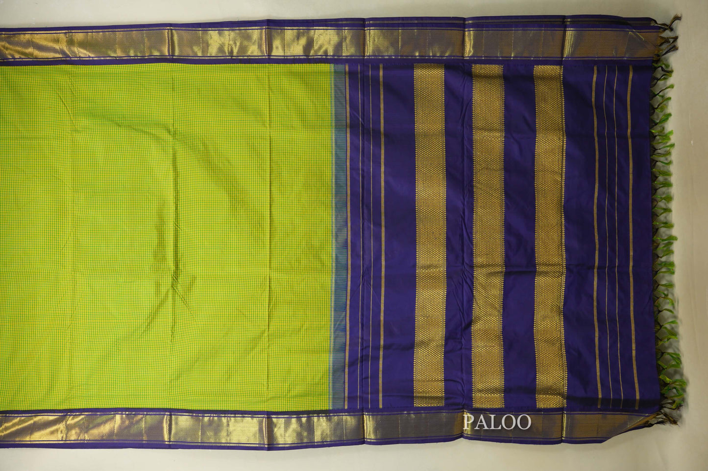 Yellow with Green Checks Ten yards silk saree  paloo