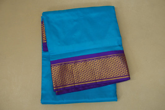 folded Azure Blue with Violet Borders Ten yards silk Saree