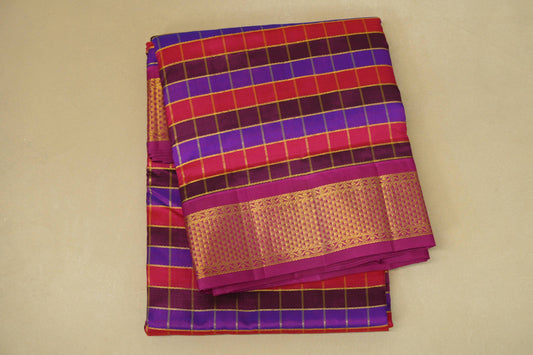 folded Multi Color Checks with Magenta Borders Ten Yards Silk Saree