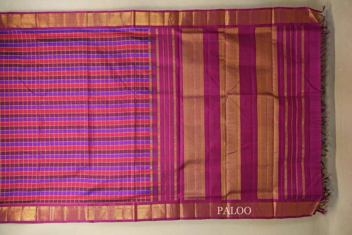 Multi Color Checks with Magenta Borders Ten Yards Silk Saree by Shreen ...