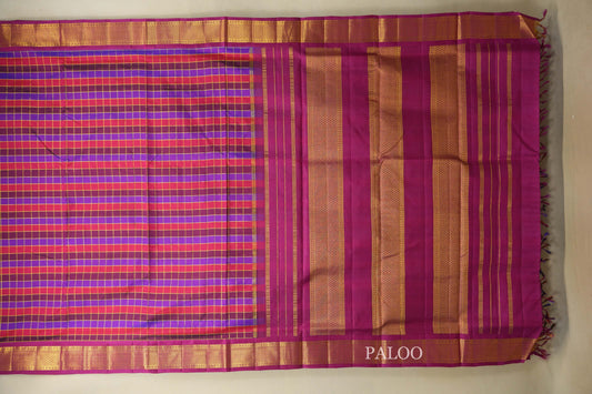 Multi Color Checks with Magenta Borders Ten Yards Silk Saree paloo