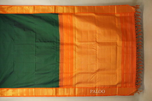 Deep Bottle Green with Bright Orange Borders Ten yards silk saree  paloo