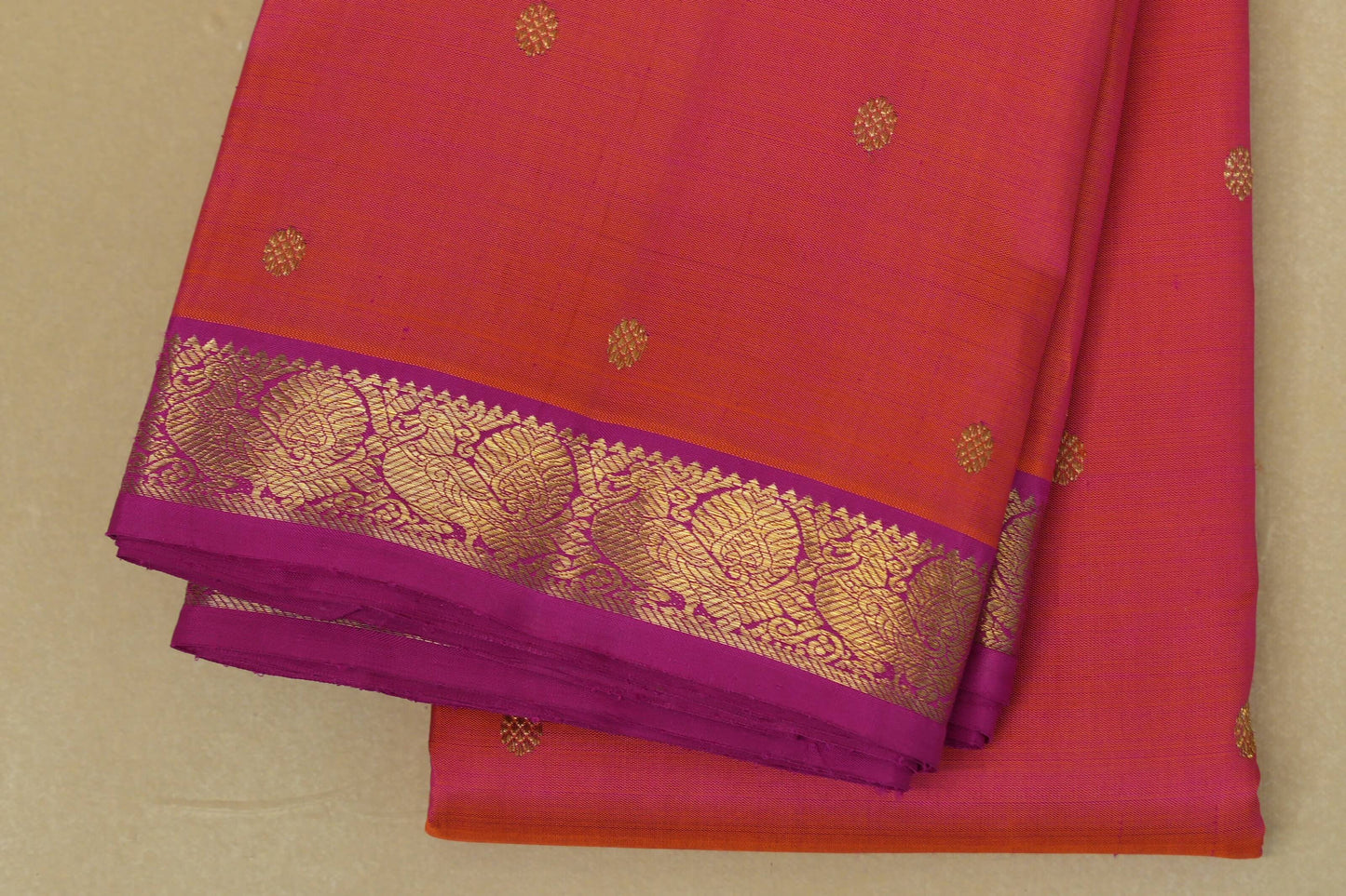 Pinkish Orange Heirloom Kanjivaram Silk Saree  border zoom
